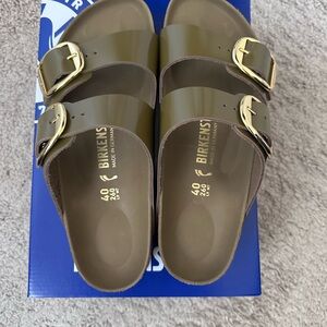 Birkenstock High-Shine Mud Green Sandals with Gold Buckles
